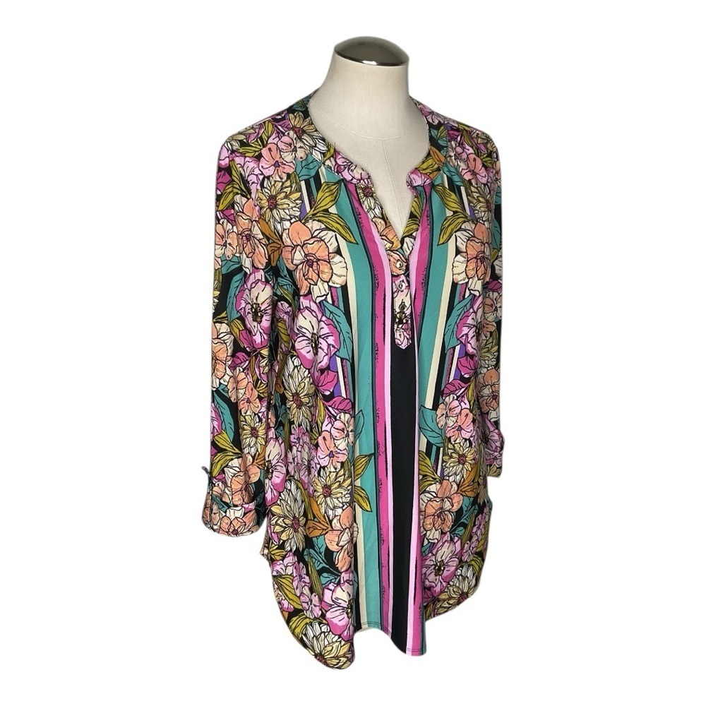 Speise Floral Striped Tunic Blouse 3/4 Sleeve Hi Lo Hem M